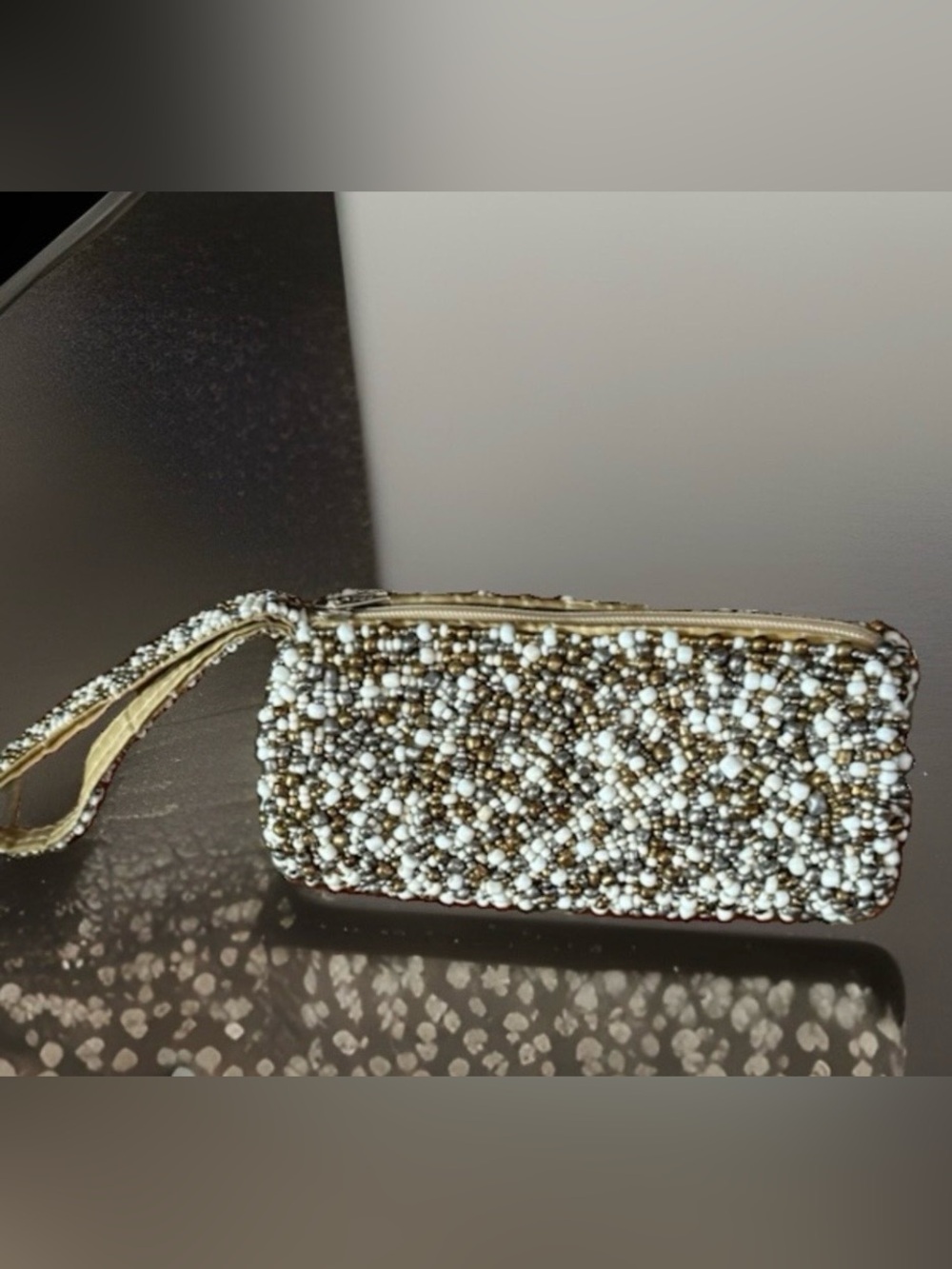 Vintage Hand-Beaded wristlet clutch Lined Gold, Silver, brown & Dark Tones